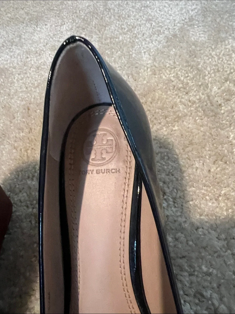 Tory Burch Black Patent Peep-Toe Wedge Flats
